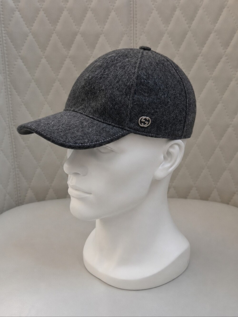 Gucci Grey Wool Baseball Cap Interlocking GG Monogram Stripe Sz L